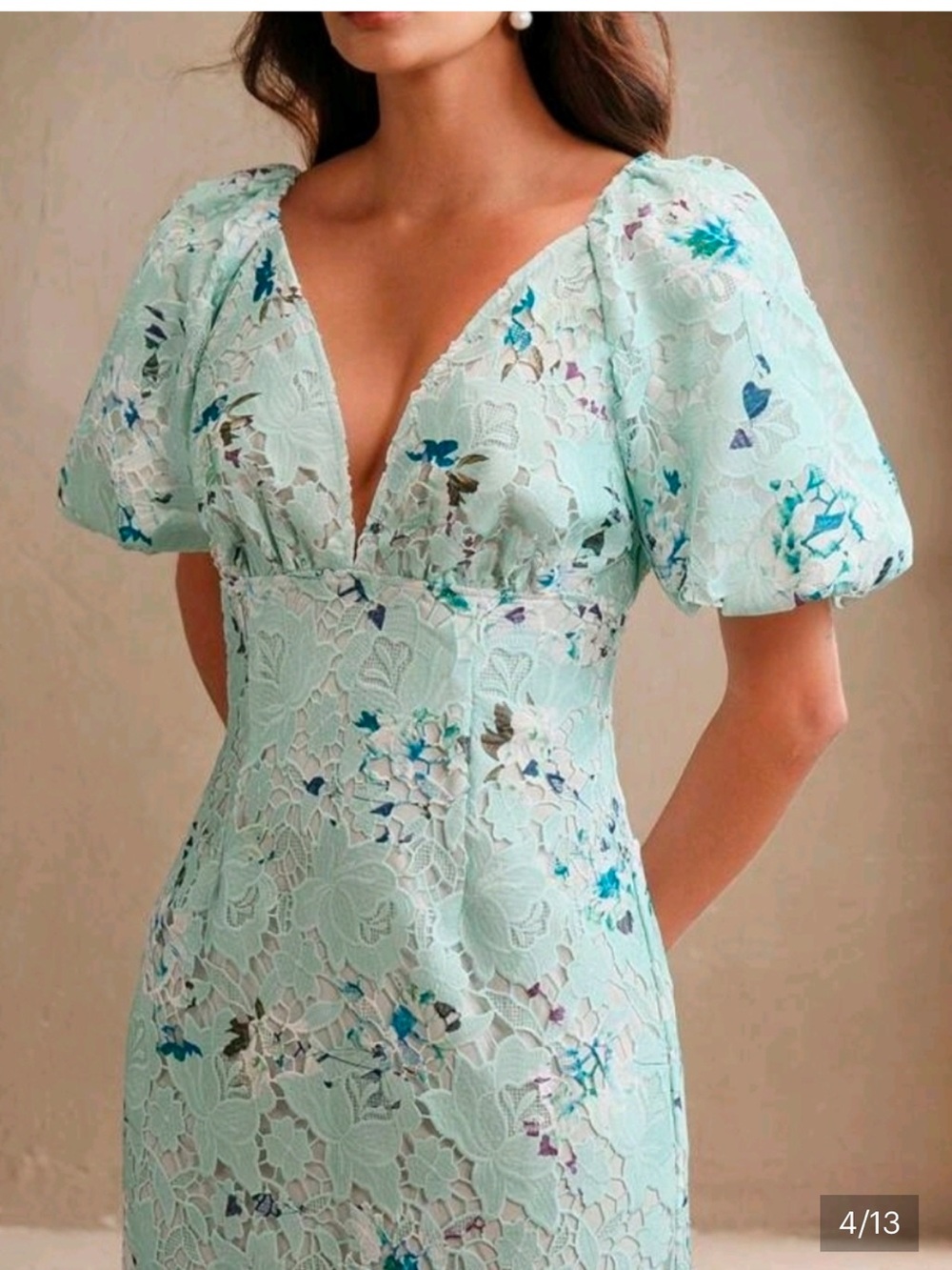 New Luxe Floral Embroidered Lace Puff Sleeve Midi Dress Turquoise Blue